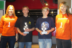 Max Warmerdam Nederlands kampioen B-Jeugd en Marijn den Hartog (tweede). Geflankeerd door Chess Queens  Anne Haast en Lisa Schut
