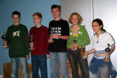 Nederlands Rapidkampioenschap voor de Jeugd op 11 oktober 2003 in de TU Eindhoven .Prijsuitreiking groep 1988. Derde van links Mart Nabuurs