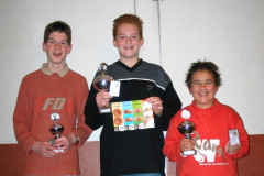 Noord Limburgs Jeugd kampioenschap 20-11-2004 Winnaars C-groep. V.l.n.r. Ruud van der Beek, Guido Faassen, Thijmen Smith